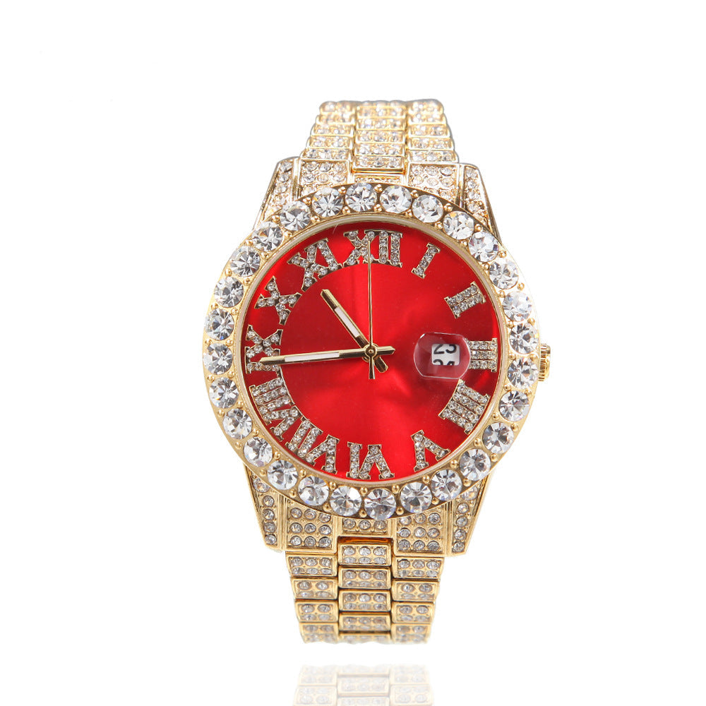 Hip-hop watch with Roman numerals and diamonds, large dial