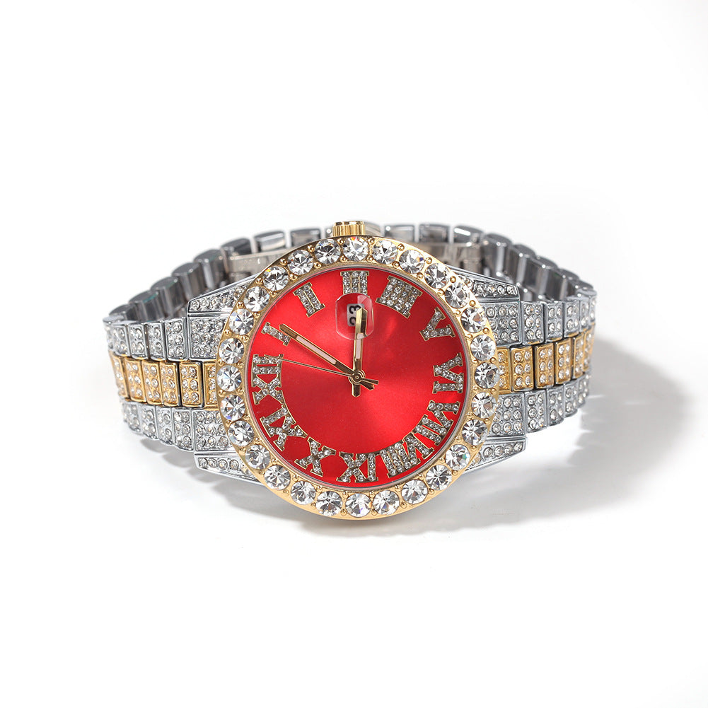 Hip-hop watch with Roman numerals and diamonds, large dial